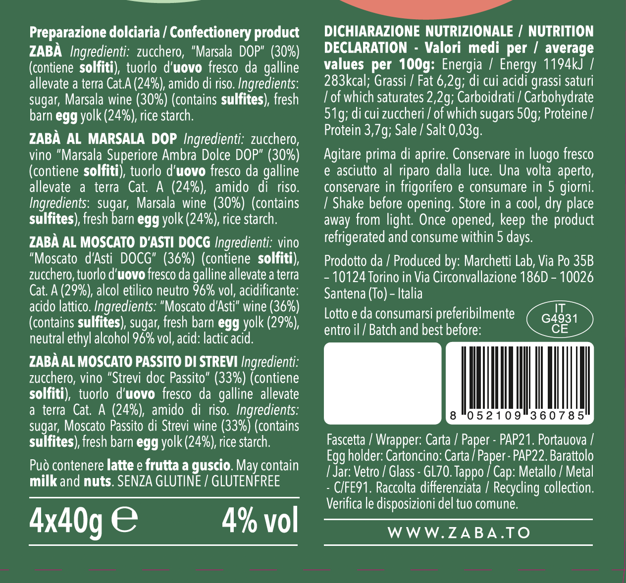 Zabà da degustazione ingredienti